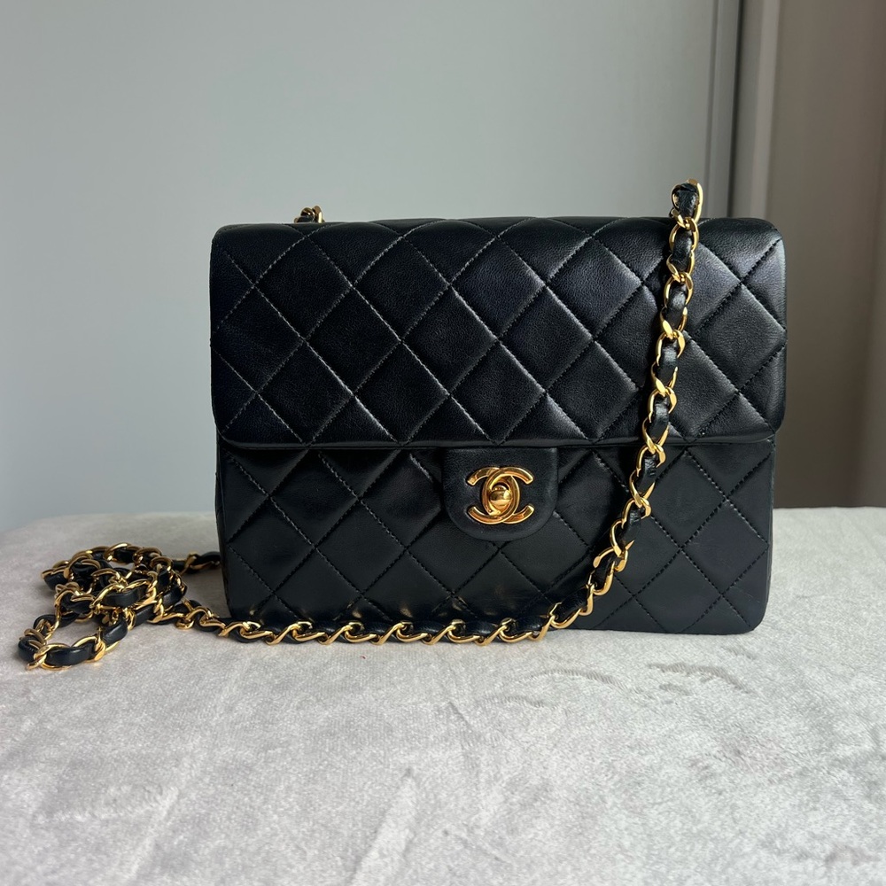 TAGS INCLUDED Authentic CHANEL VINTAGE BLACK MINI SQUARE flap 24k GOLD hardware